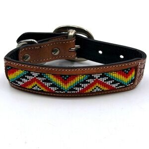 Myra Bag Southwestern Beaded Leather Dog Collar Brown Basketweave Small 10-14in